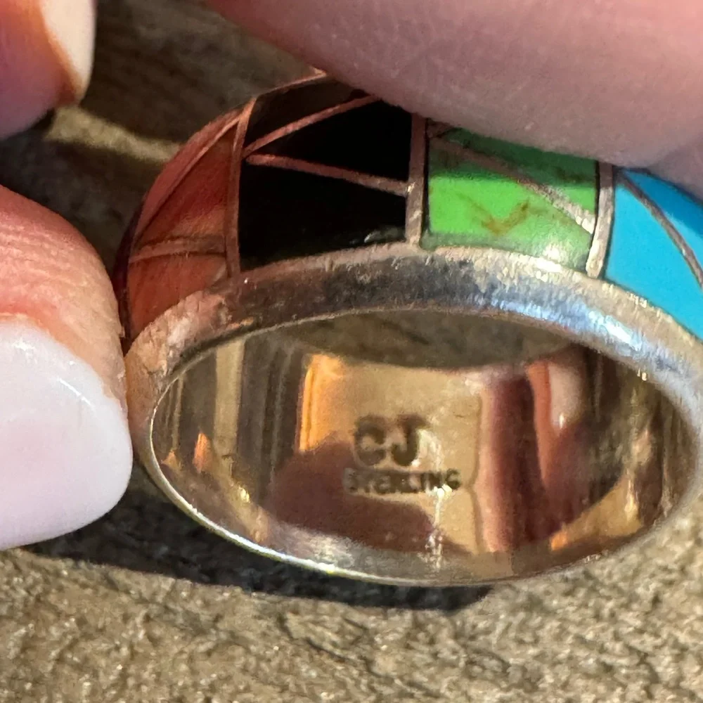 Signed CJ ( Butler) Native American Navajo Turquoise Coral Onyx Ring 7.9G